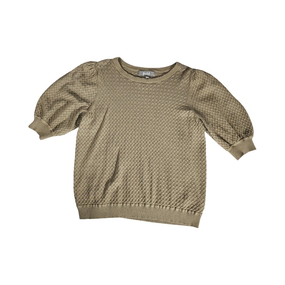 Marled Reunited Clothing Olive Taupe‎ Pointelle Puff Sleeve Sweater Womens Large